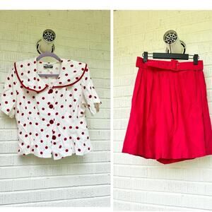 Vintage 90s Marnie West Polka Dot Blouse & Short Set